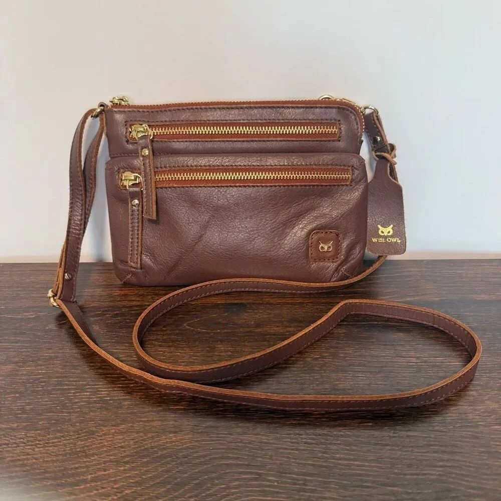 Wise Owl Women’s crossbody brown leather purse 8.5x6”